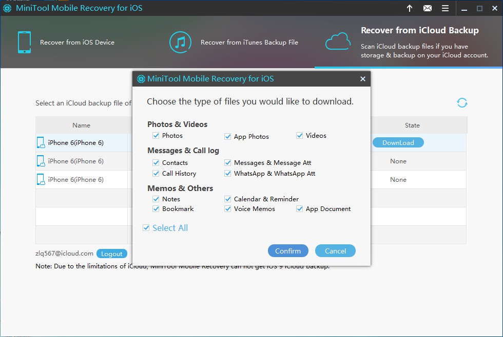 recover from iCloud backup file choose needed file types